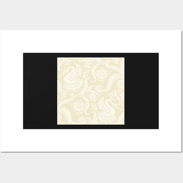 Cream on Light Yellow  Classy Medieval Damask Swans Wall Art by JamieWetzel